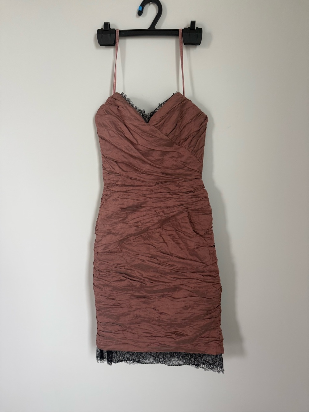 BCBGMaxAzria Dusty Rose Ruched Spaghetti-Strap Dress with Black Lace